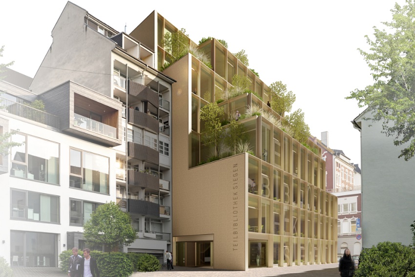 BIBILIOTHEK SIEGEN | HOLZBETONHYBRID AUS VORGEFERTIGTEN ELEMENTEN